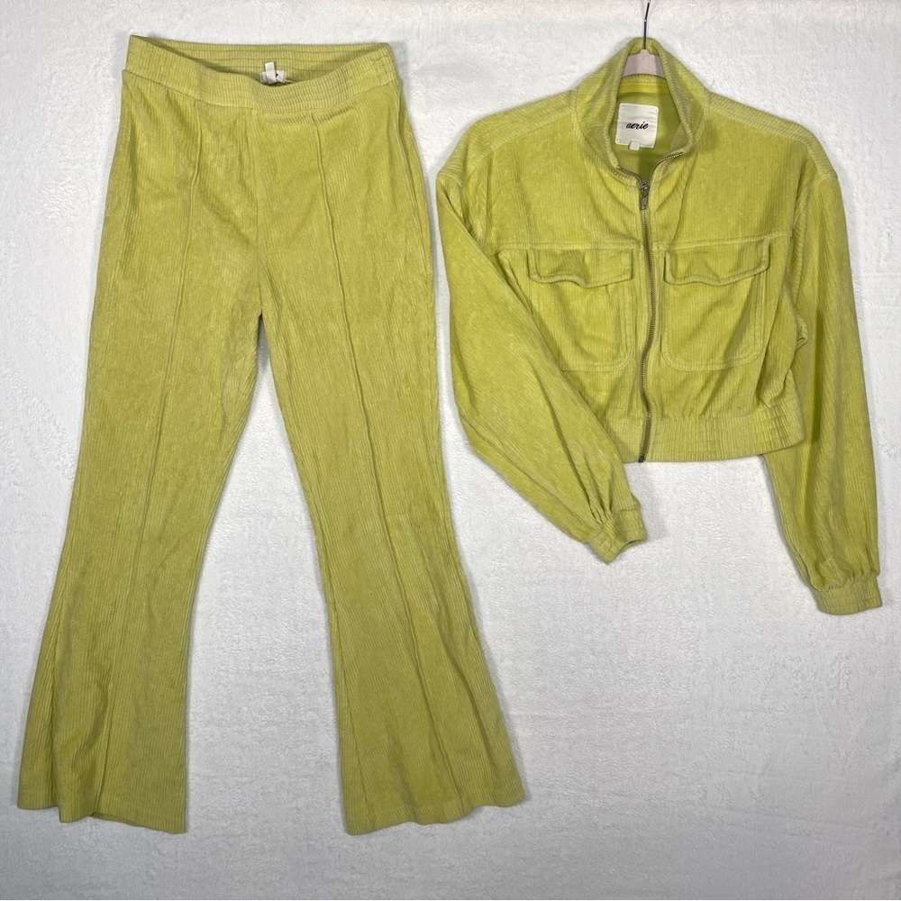 Aerie 2 Piece‎ Neon Yellow Zipper Sweater And Flare Sweatpants Size X-Small